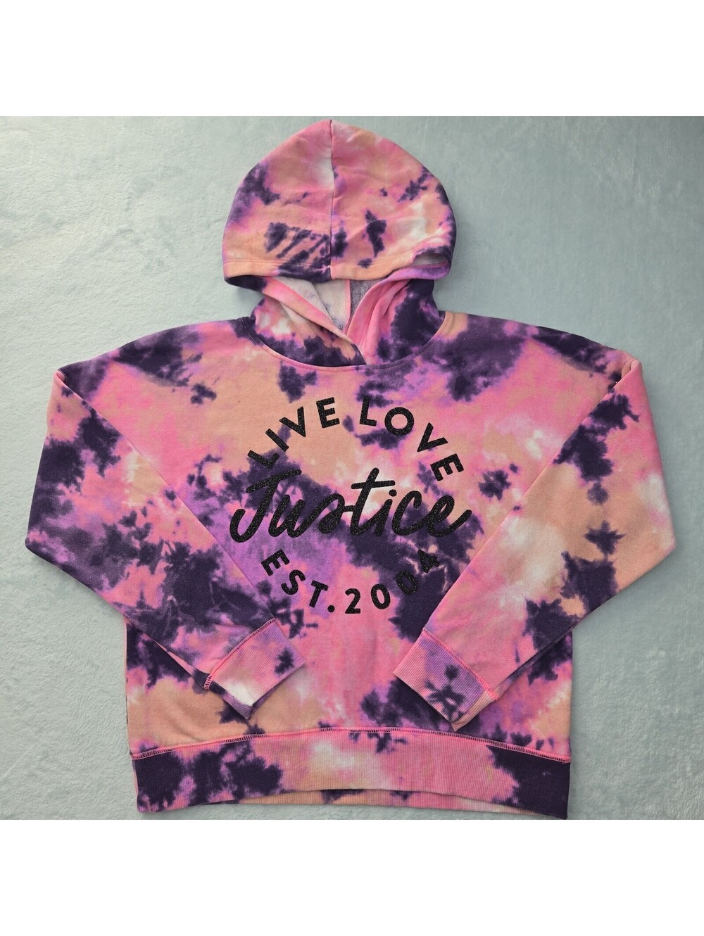 Justice Girls Hoodie Size Large 12/14 Pink Purple Tie Dye Graphic Pullover